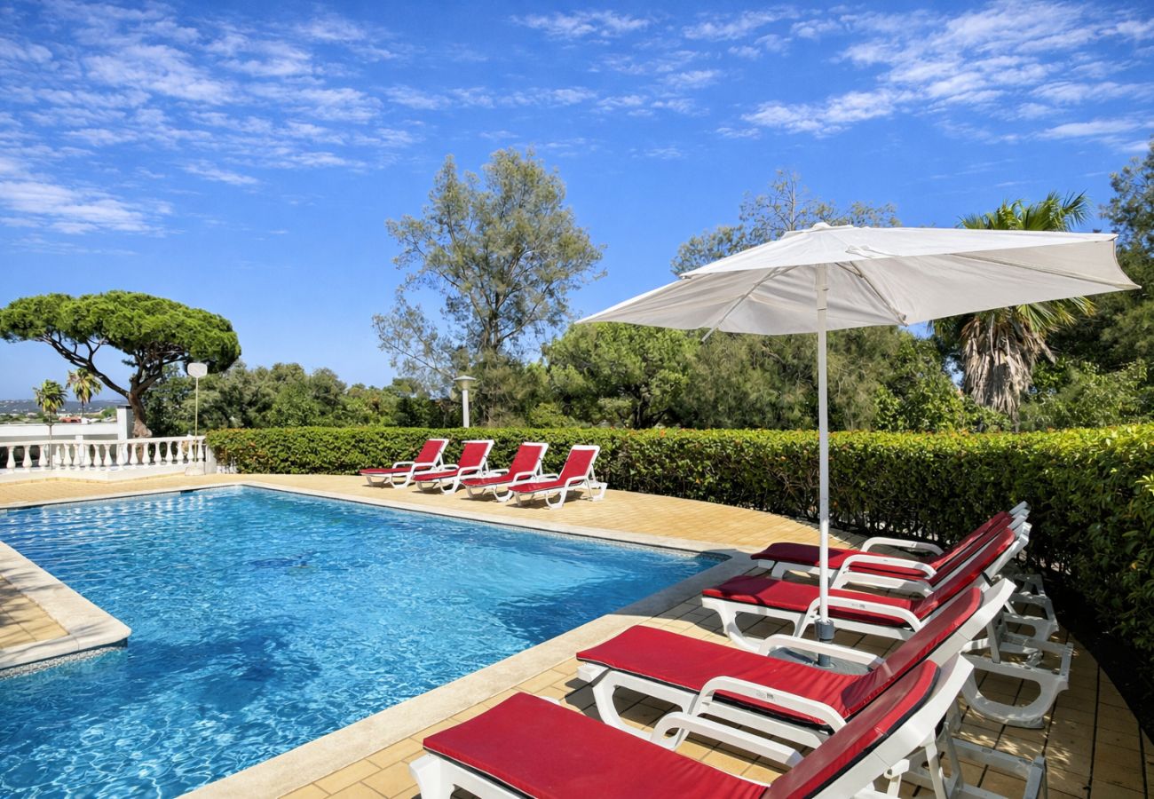 Piscina privada com espreguiçadeiras numa vivenda de férias em Albufeira