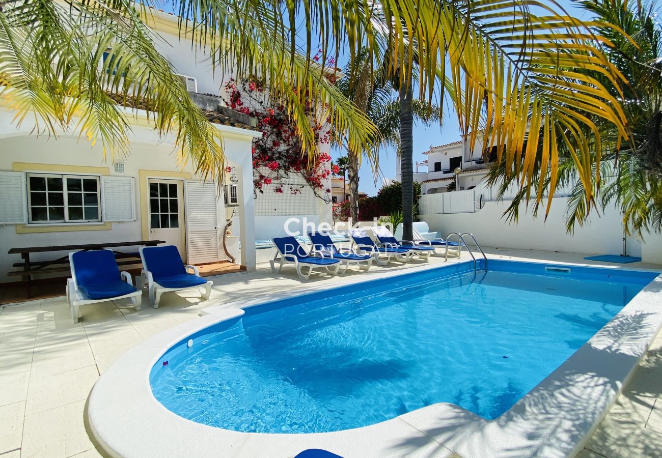 Piscina privada de uma casa em Albufeira com espreguiçadeiras, zona exterior e palmeiras